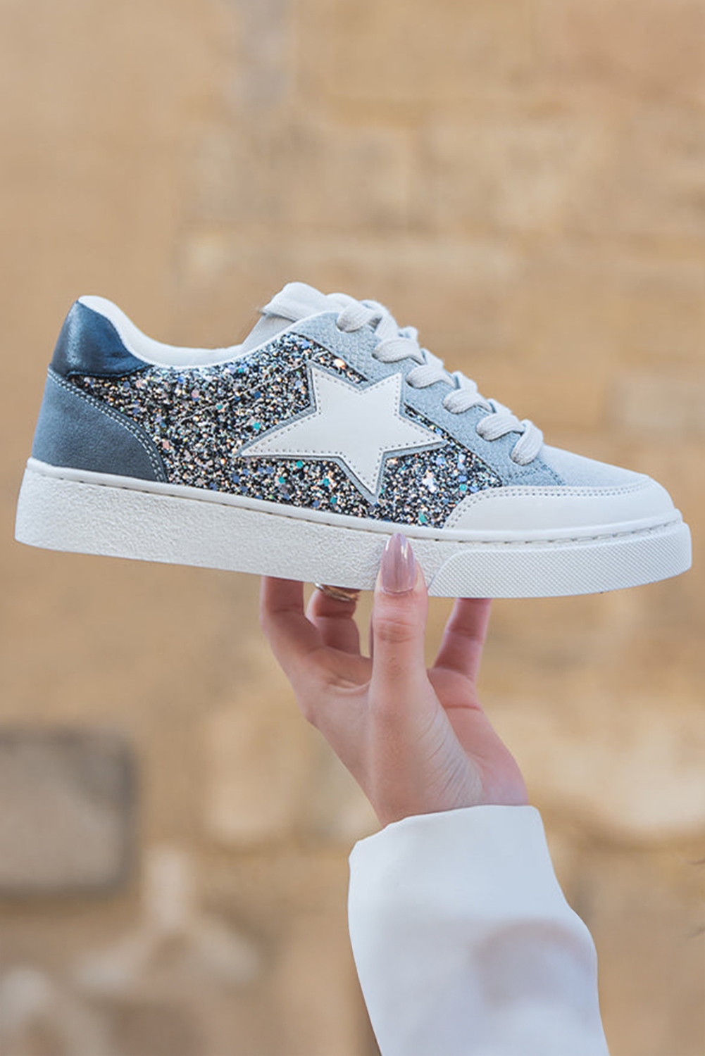 Silvery Star Glitter Patchwork Lace-up Sneakers