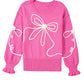 Bright Pink Corded Flower Bow Ribbed Trim Casual Sweater