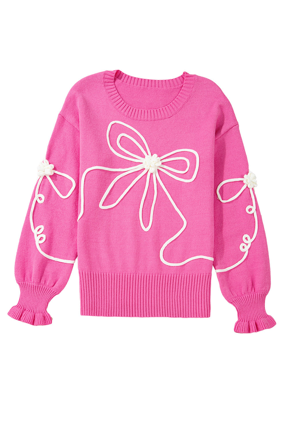 Bright Pink Corded Flower Bow Ribbed Trim Casual Sweater