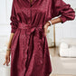 Burgundy Sleek Leopard Long Sleeve Tie Waist Shirt Dress