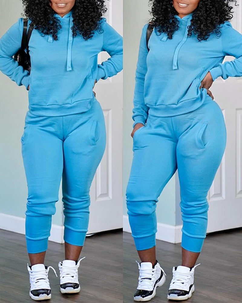 Drawstring Hooded Sweatshirt & Pocket Design Cuffed Sweatpants Set