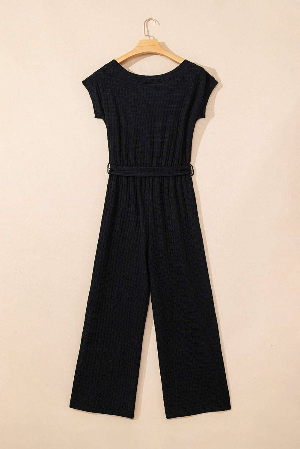 Black Checkered Mesh One Shoulder Short Sleeve Knotted Waist Jumpsuit