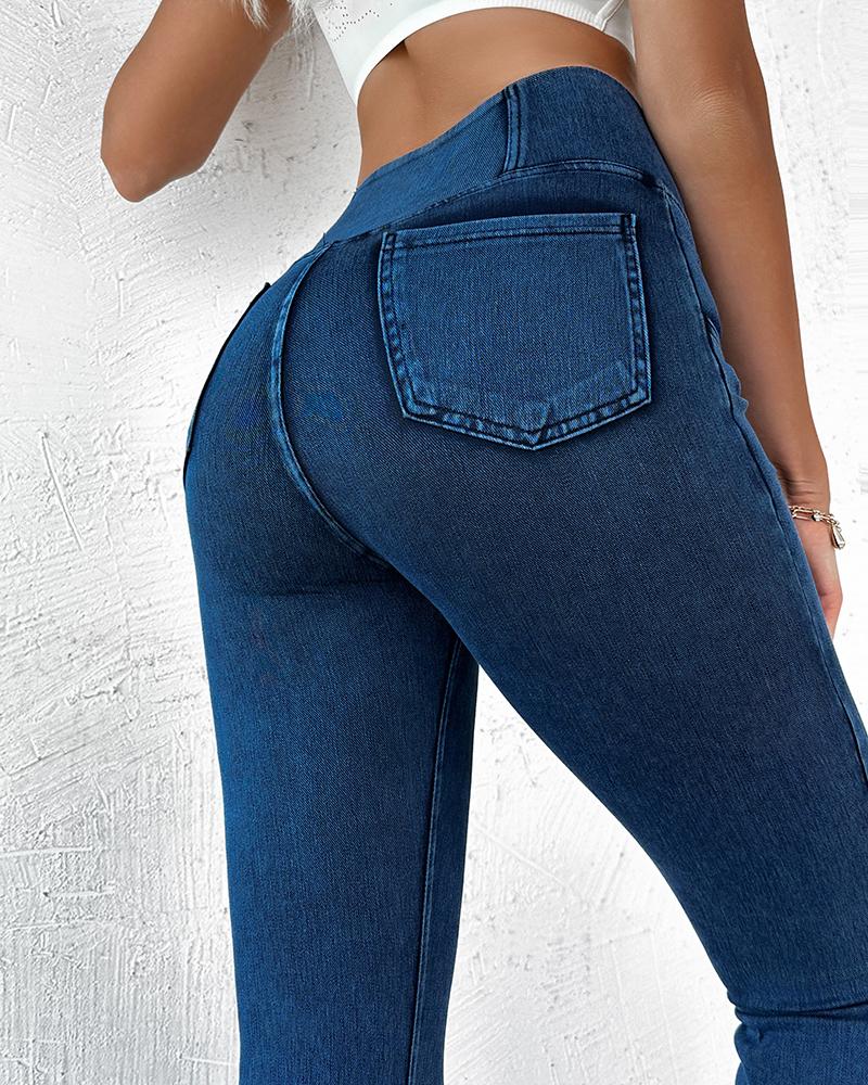 Pocket Design Denim Flared Sports Leggings