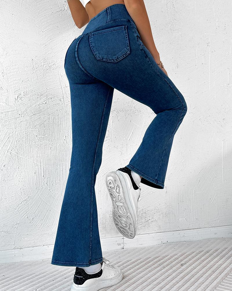 Pocket Design Denim Flared Sports Leggings