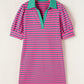 Pink Stripe Collared V Neck Puff Sleeve T Shirt Dress