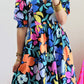 Blue Collared Split Neck Floral Flared Dress