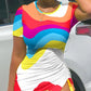 Rainbow Stripe Print Drawstring High Slit Bodycon Dress