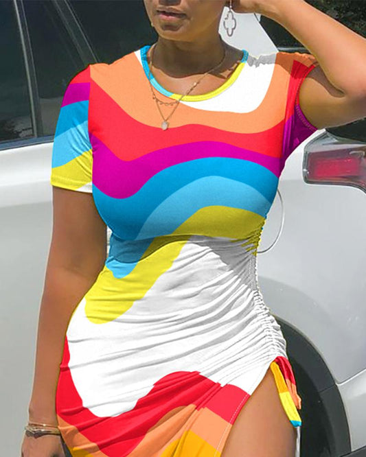 Rainbow Stripe Print Drawstring High Slit Bodycon Dress