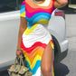 Rainbow Stripe Print Drawstring High Slit Bodycon Dress