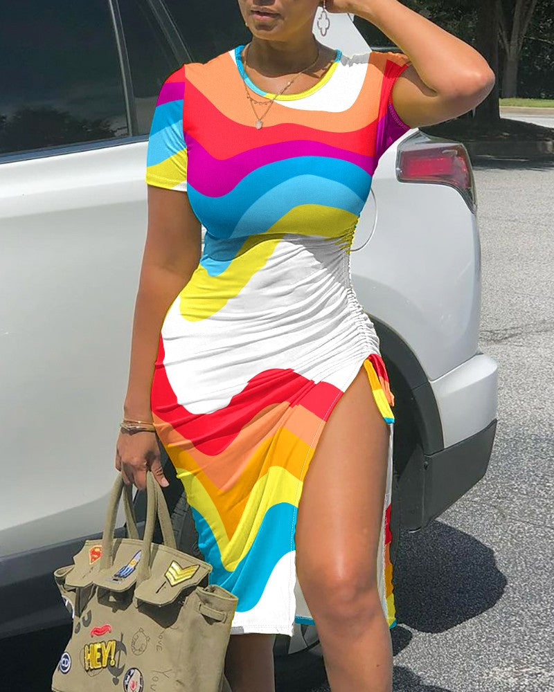 Rainbow Stripe Print Drawstring High Slit Bodycon Dress