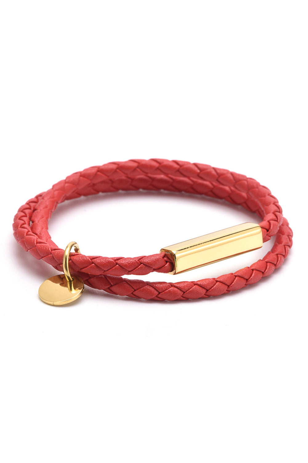 Red Clay Metal Decor PU Leather Braided Bracelet