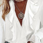 V Neck Eyelash Lace Patch Ruffles Button Down Blouse Top