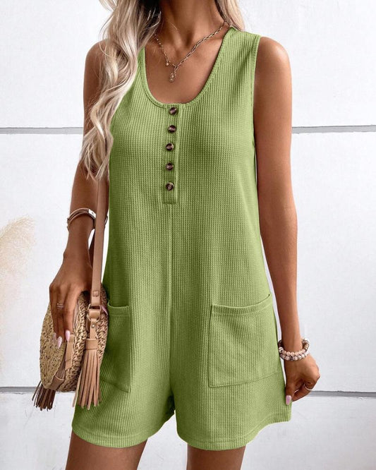 Scoop Neck Sleeveless Button Front Romper Casual Pocket Design Loose Fit Knit Jumpsuit