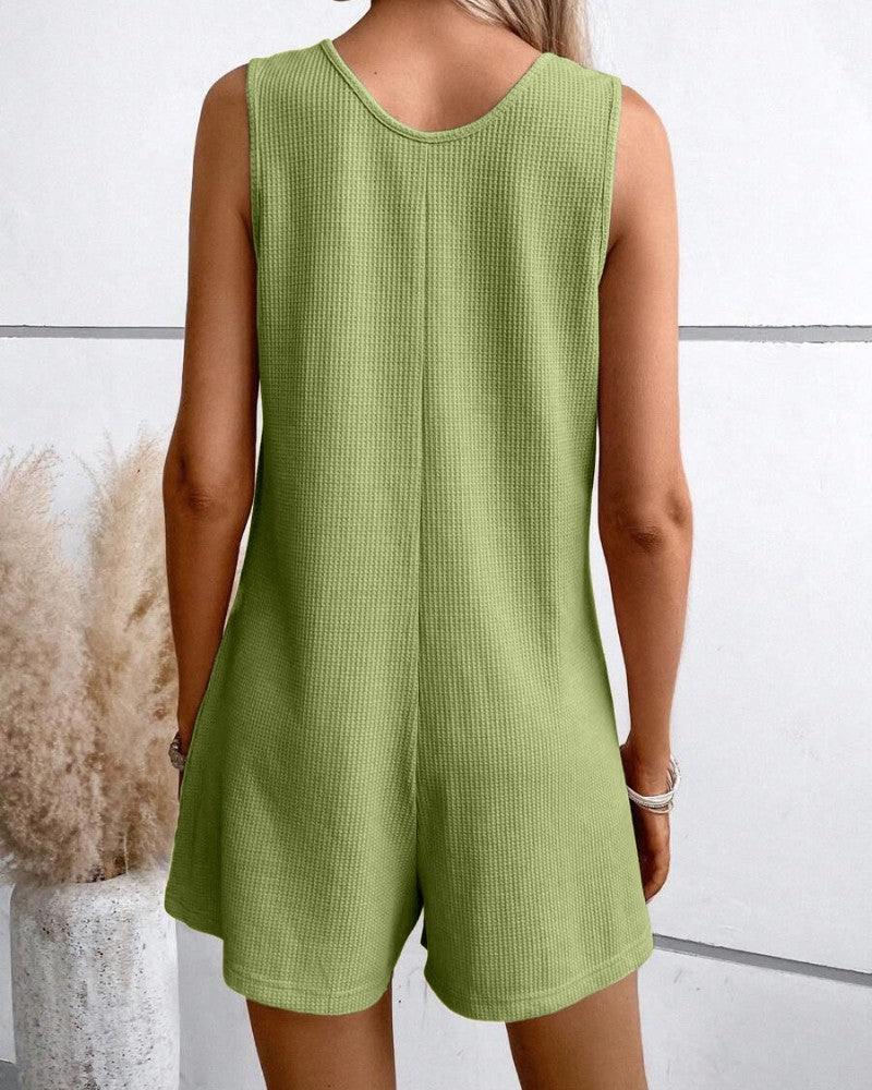 Scoop Neck Sleeveless Button Front Romper Casual Pocket Design Loose Fit Knit Jumpsuit