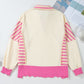 Pink Stripe Patchwork Sequin Heart Pattern Long Sleeve Collared Split Top