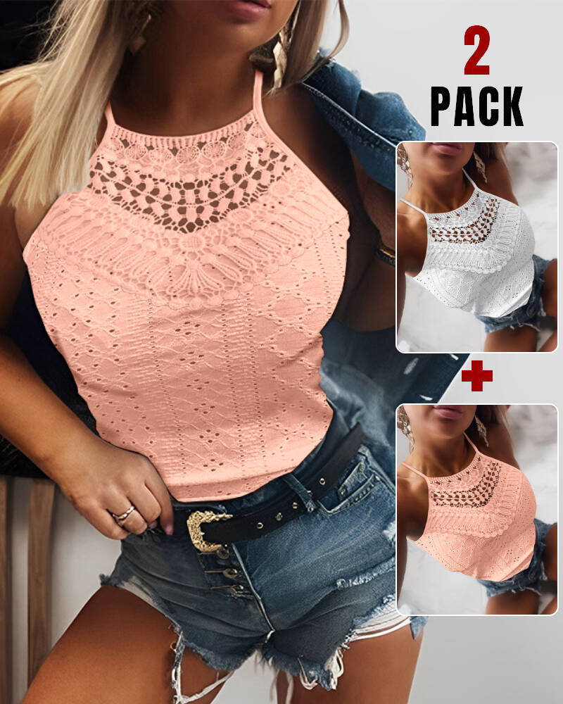 2 Pieces Halter Lace Up Water Soluble Lace Trim Sleeveless Tank Jacquard Casual Slim Fit Knit Top