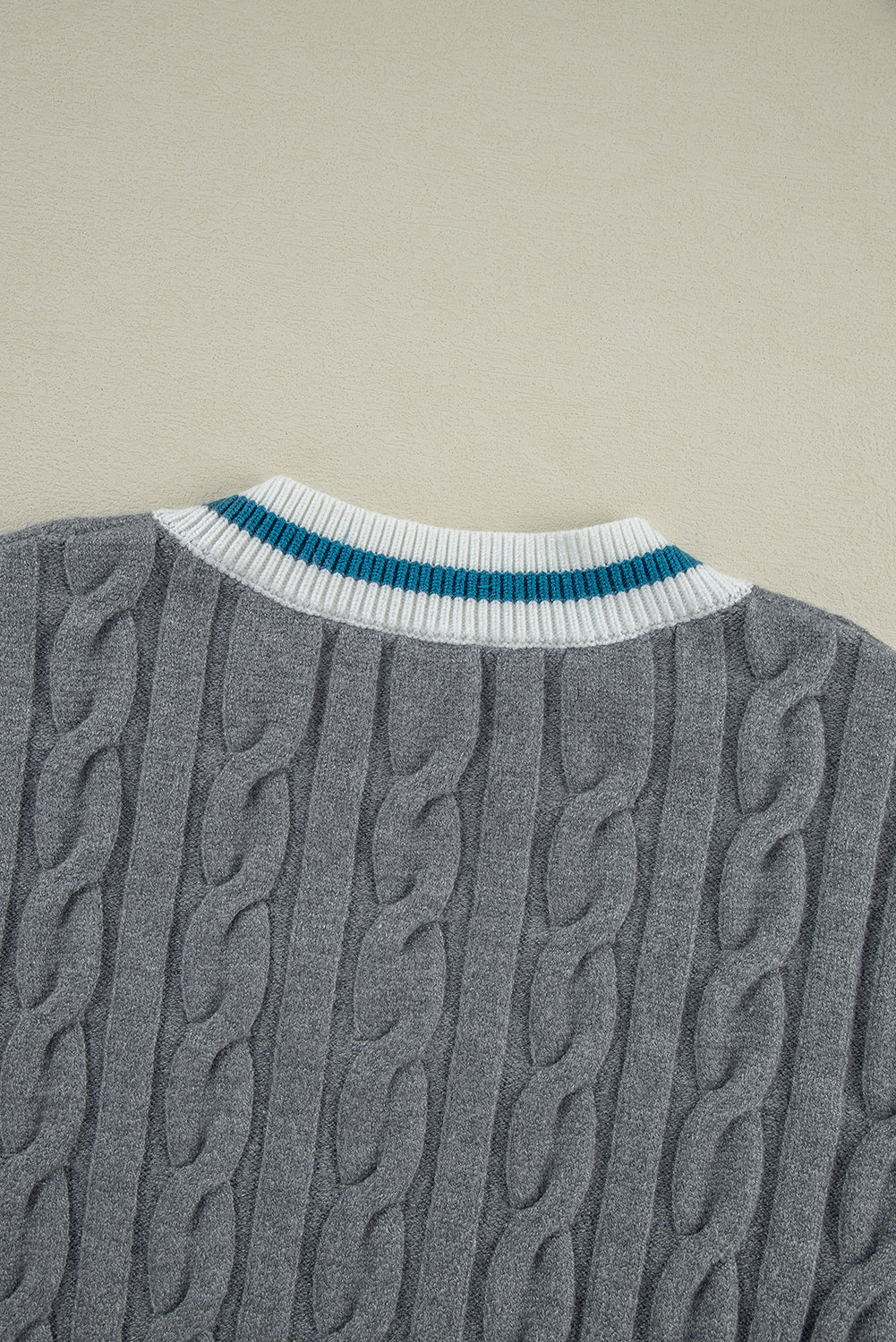 Medium Grey Color Contrast Ribbed Edge Cable Knit V Neck Sweater