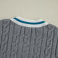 Medium Grey Color Contrast Ribbed Edge Cable Knit V Neck Sweater