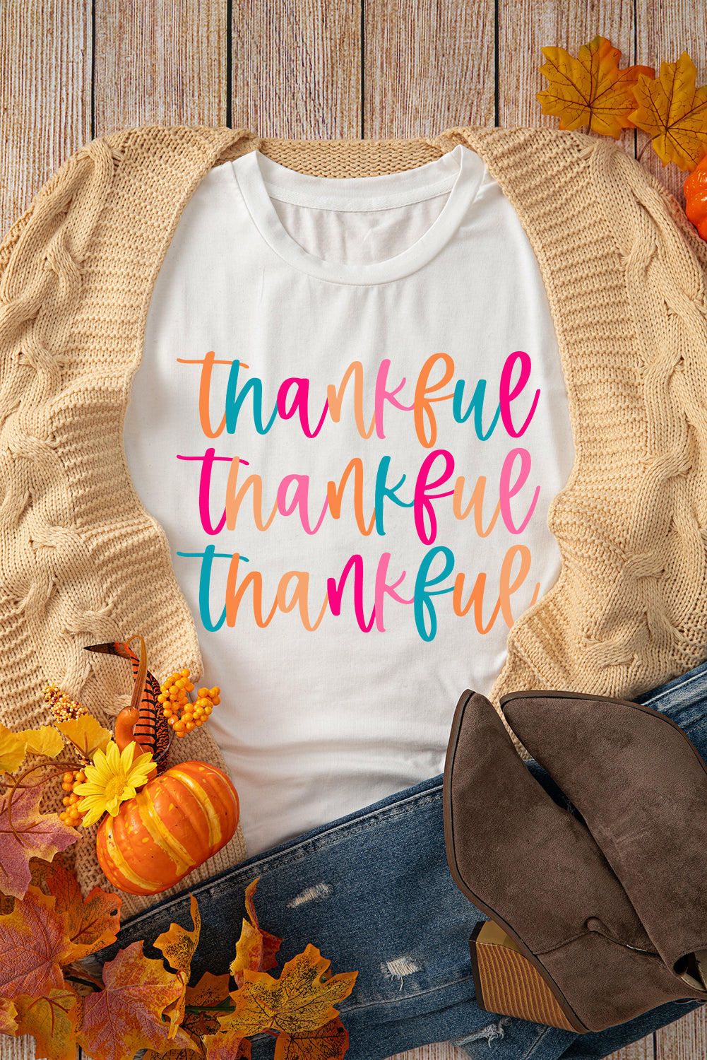 White Thankful Printed Crewneck Thanksgiving T Shirt