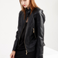 Black Quilted Detail Zip Leatherette Moto Jacket