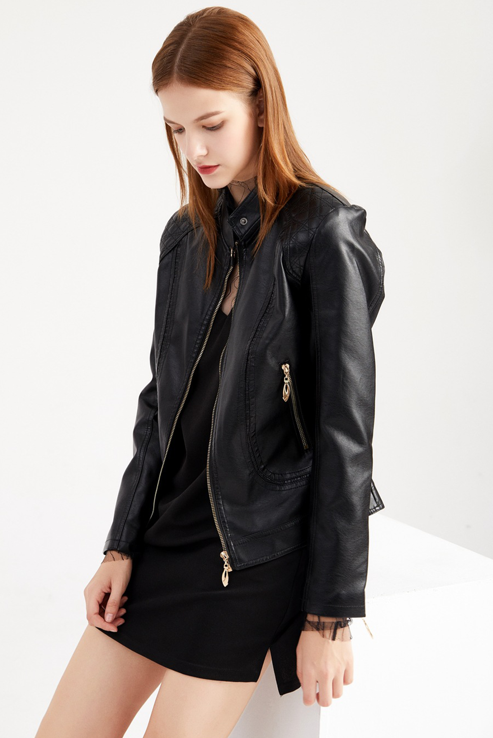 Black Quilted Detail Zip Leatherette Moto Jacket