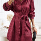 Burgundy Sleek Leopard Long Sleeve Tie Waist Shirt Dress