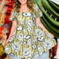 Green Plus Size Floral Print Shirred Square Neck Puff Sleeve Dress