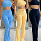 2 Piece Waffle Knit Halter Backless Crop Top High Waisted Drawstring Wide Leg Casual Pants Set