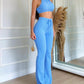 2 Piece Waffle Knit Halter Backless Crop Top High Waisted Drawstring Wide Leg Casual Pants Set