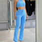 2 Piece Waffle Knit Halter Backless Crop Top High Waisted Drawstring Wide Leg Casual Pants Set