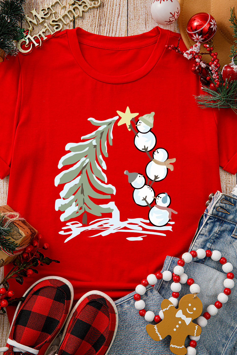 Red Christmas Tree Snowman Printed Crewneck T Shirt