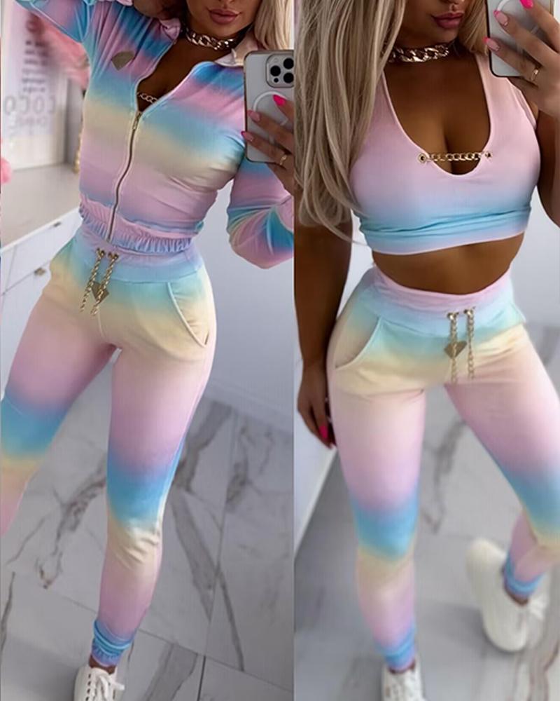 3 Piece Velvet Ombre Tracksuit Outfits Sleeveless Chain Decor Crop Tank Tops Pockets Design Sweatpants Sets with Zip Up Coat