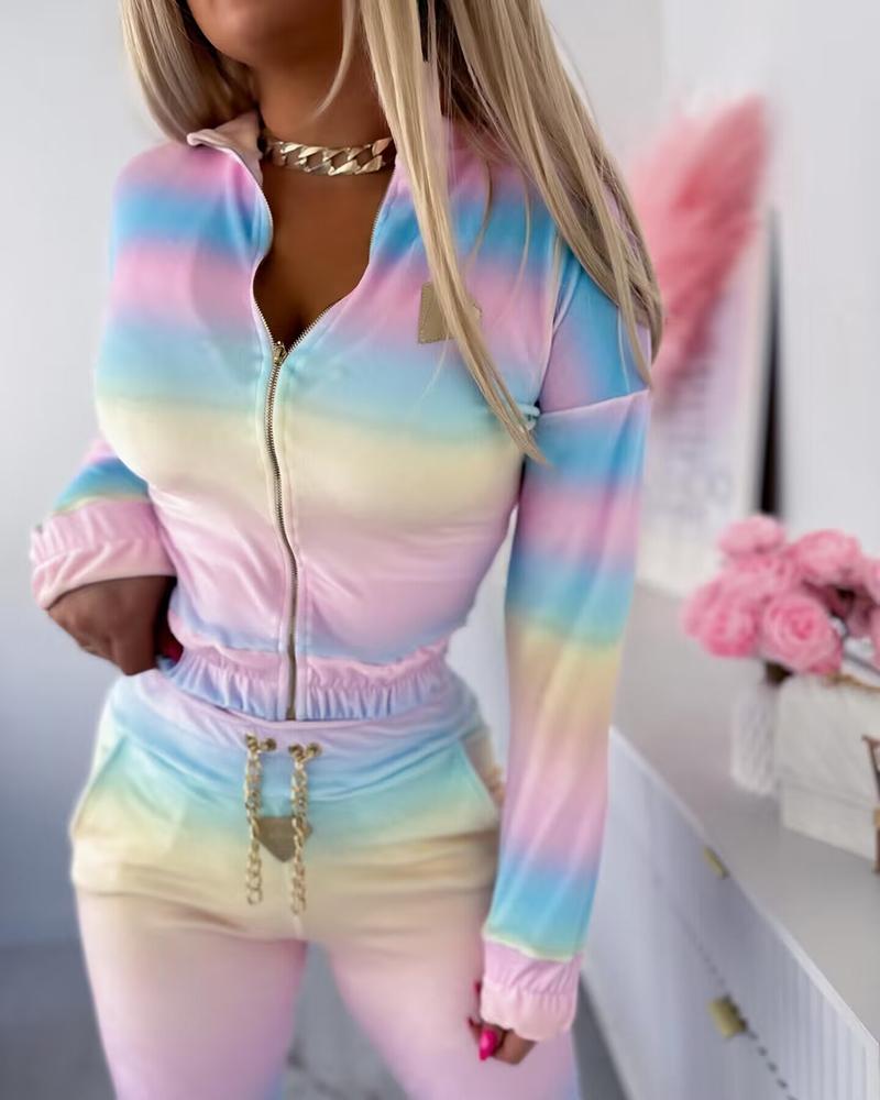 3 Piece Velvet Ombre Tracksuit Outfits Sleeveless Chain Decor Crop Tank Tops Pockets Design Sweatpants Sets with Zip Up Coat