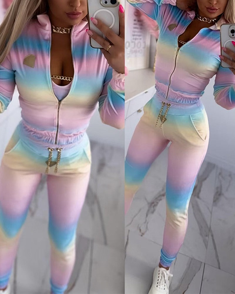 3 Piece Velvet Ombre Tracksuit Outfits Sleeveless Chain Decor Crop Tank Tops Pockets Design Sweatpants Sets with Zip Up Coat