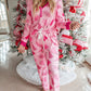 Pink Christmas Tree Print V Neck Buttoned Pullover and Drawstring Pants Lounge Set