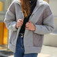 Women's Pocket Design Patchwork Long Sleeve Fluffy Teddy Puffer Coat