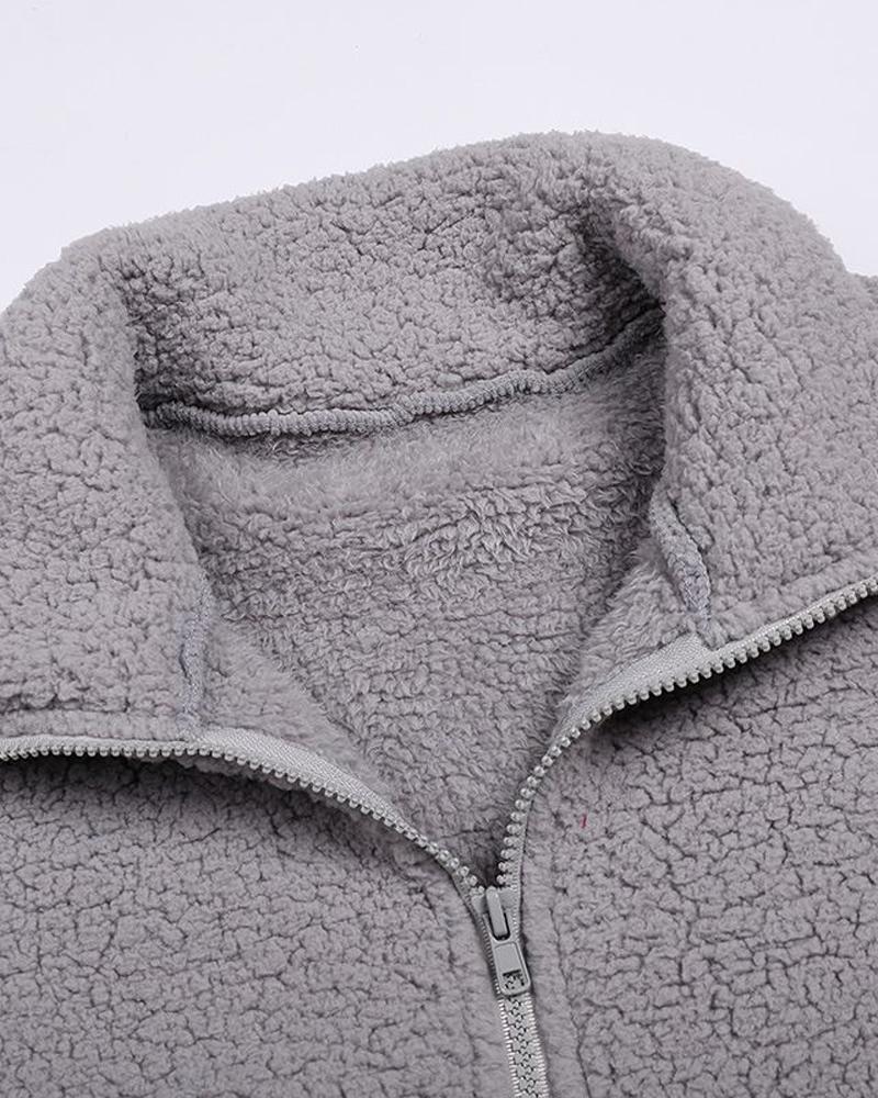 Women's Pocket Design Patchwork Long Sleeve Fluffy Teddy Puffer Coat