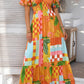 Orange Floral Print Smocked Empire Waist V Neck Maxi Dress