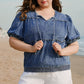 Sail Blue Plus Drawstring V Neck Puff Sleeve Denim Blouse