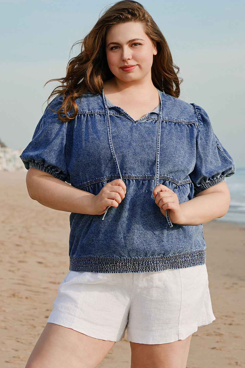 Sail Blue Plus Drawstring V Neck Puff Sleeve Denim Blouse