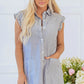 Blue Stripe Frilled Sleeveless Collar Front Pocket Button Up Mini Dress