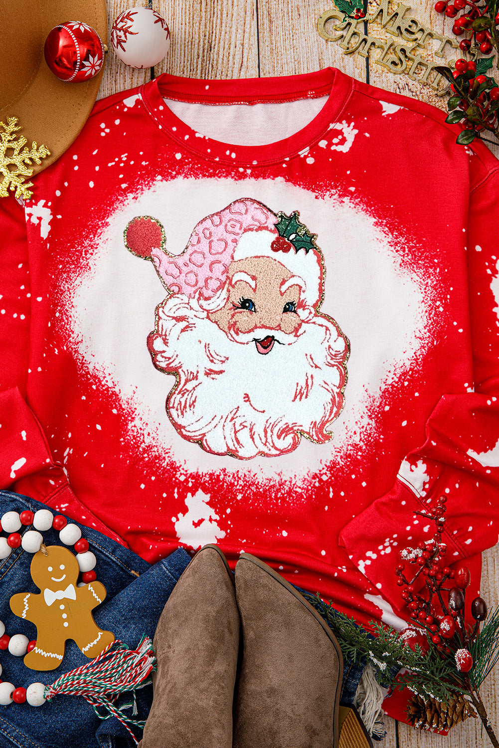 Fiery Red Santa Claus Tie Dye Printed Crewneck Long Sleeve Top