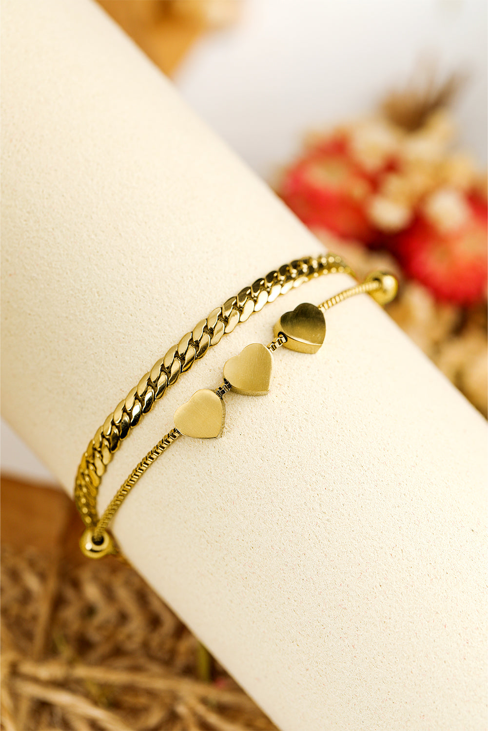 Gold Triple Heart Double Layer Adjustable Chain Bracelet