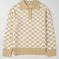 Apricot Checkered Buttons Collar V Neck Drop Shoulder Sweater