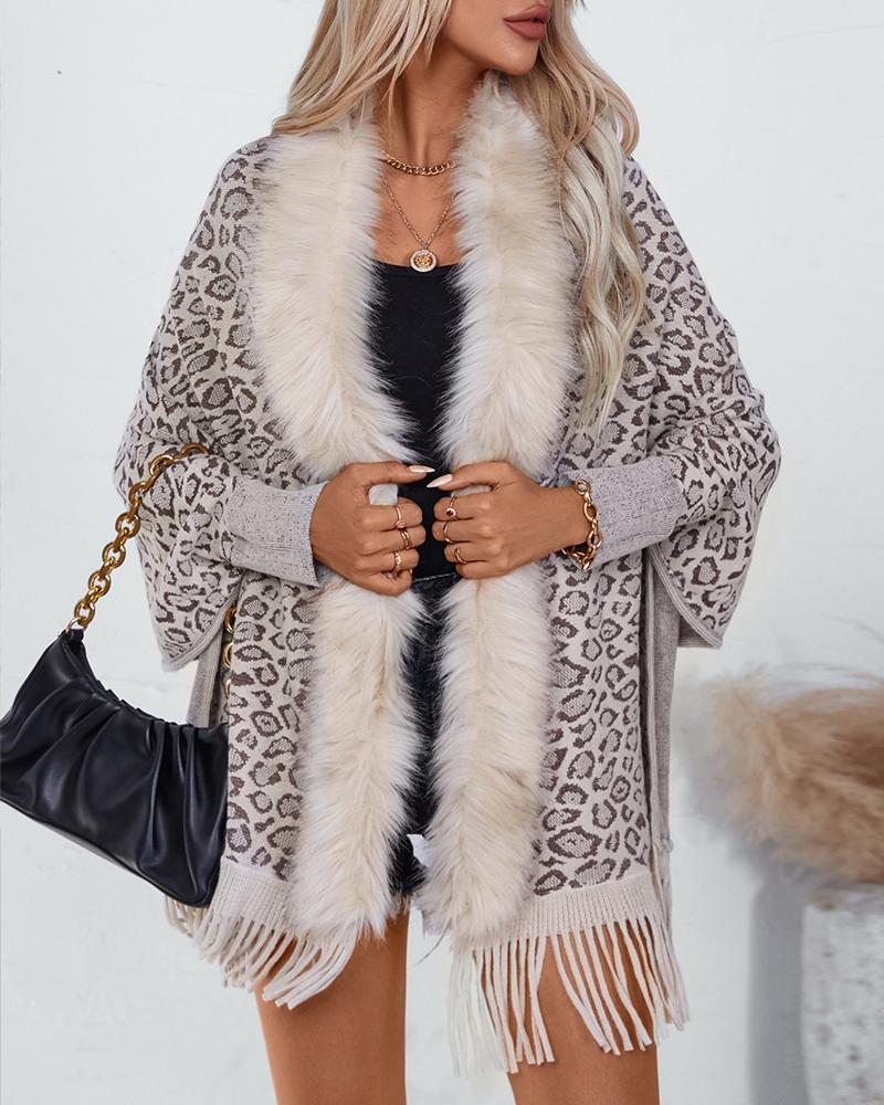 Leopard Pattern Batwing Sleeve Fluffy Detail Tassel Design Cape Cardigan