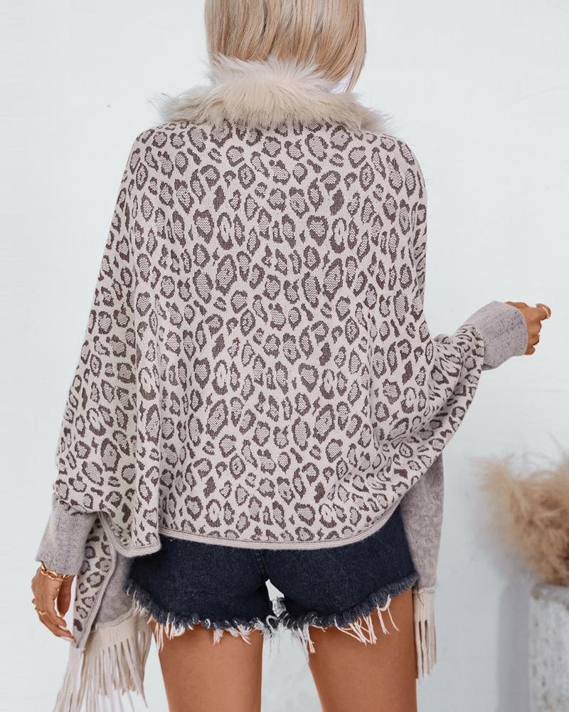 Leopard Pattern Batwing Sleeve Fluffy Detail Tassel Design Cape Cardigan