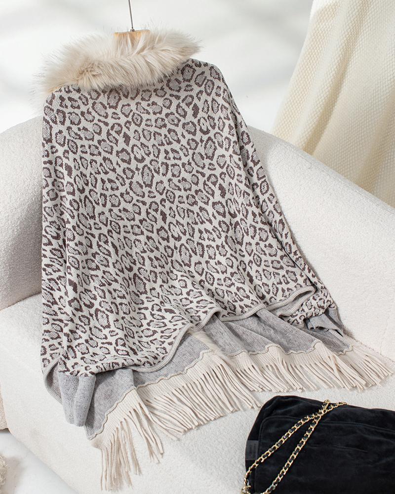 Leopard Pattern Batwing Sleeve Fluffy Detail Tassel Design Cape Cardigan