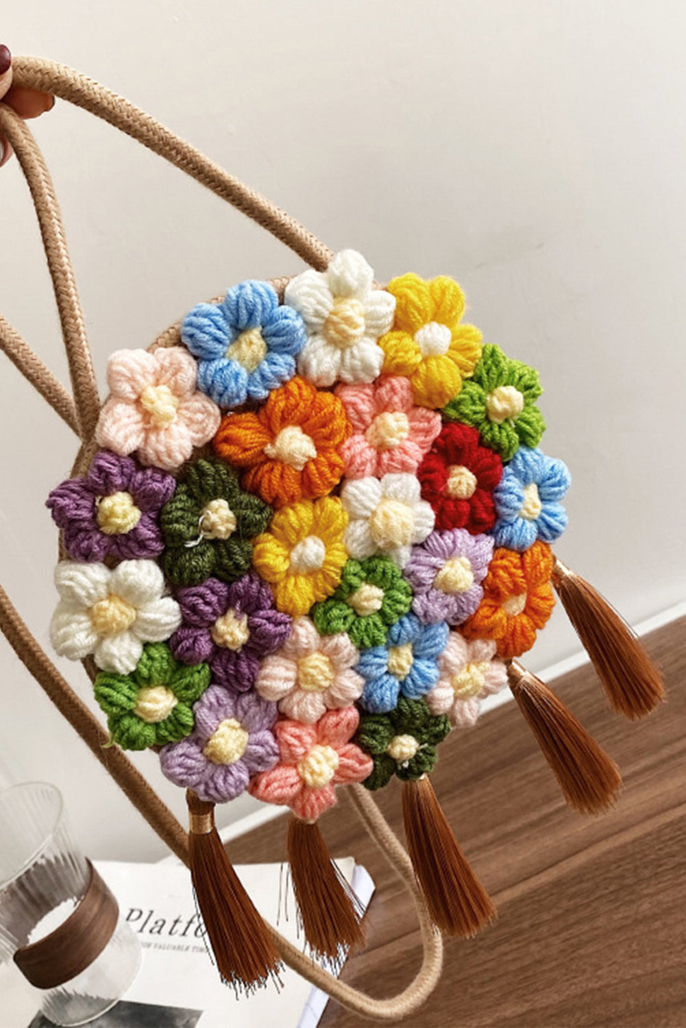 Coffee Colorful Flower Crochet Tasseled Shoulder Bag