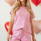 Rose Stripe Crew Neck T Shirt and Drawstring Shorts Set