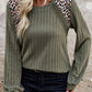 Moss Green Leopard Print Crochet Patchwork Rib Textured Knit Top